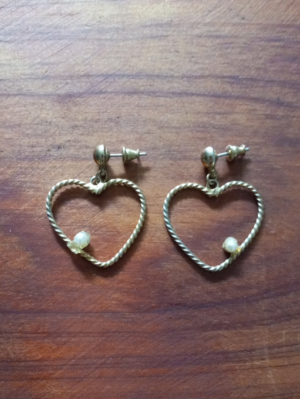 Gold Tone Twisted Rope Heart Dangle Earrings with Faux Pearl Accent